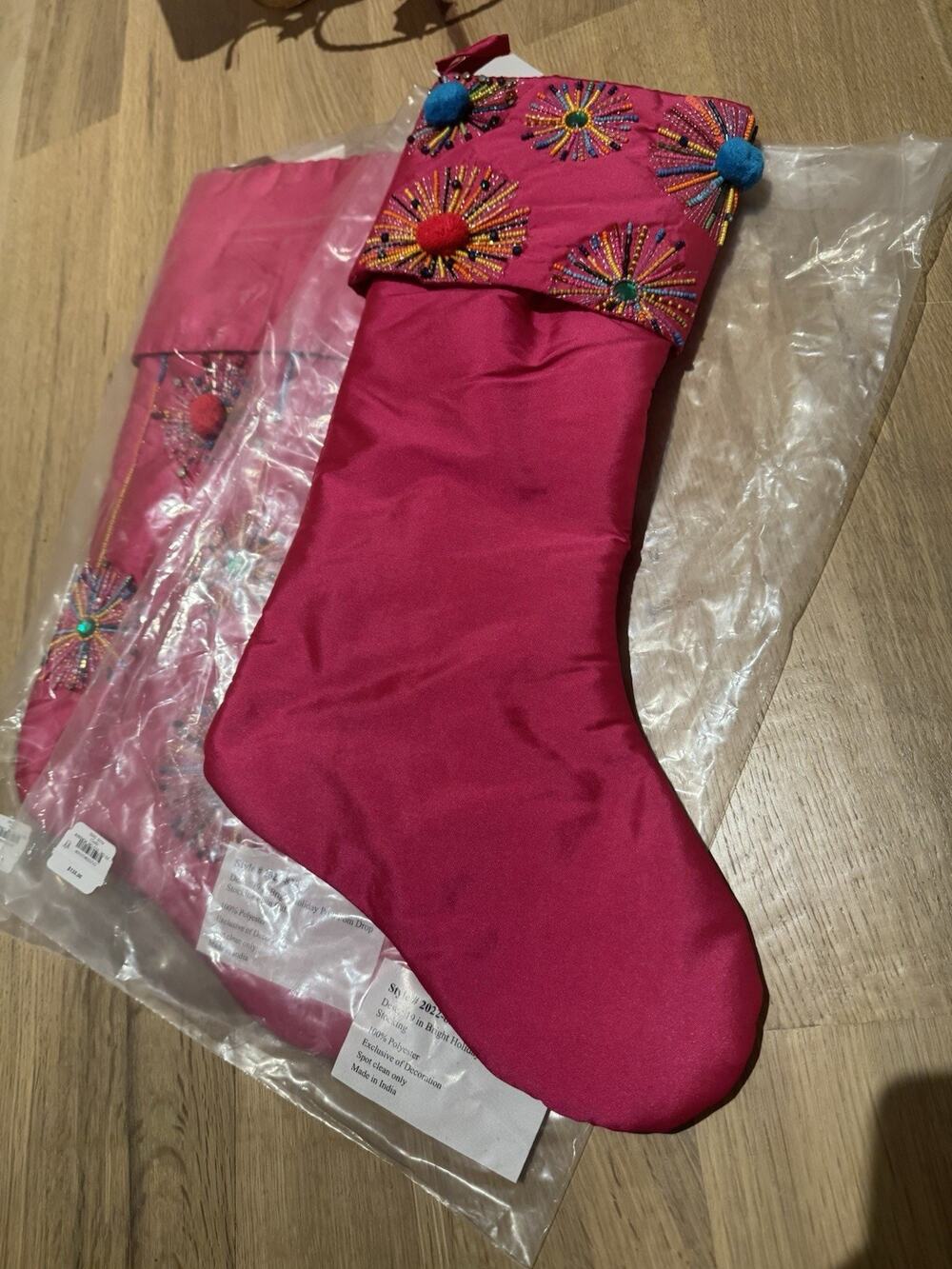 Neiman Marcus 19” Fuchsia Pink Pom Cuff Beaded Jeweled Christmas Stocking